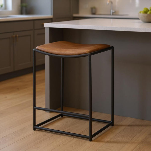 HomeRoots Brown Backless Counter Height Bar Chair – Stylish Genuine Leather & Durable Iron Frame for Modern Spaces 605941