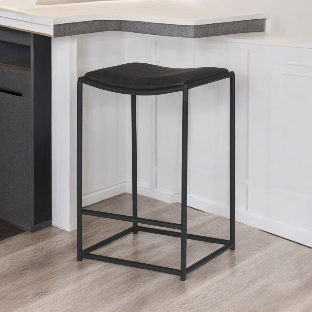 HomeRoots Black Genuine Leather Backless Bar Chair with Iron Frame for Modern Counter Height Seating Solutions 605943