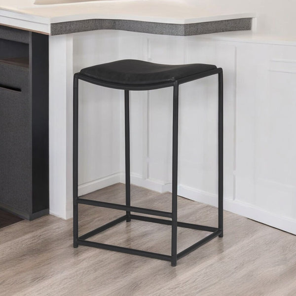 HomeRoots Black Genuine Leather Backless Bar Chair with Iron Frame for Modern Counter Height Seating Solutions 605943