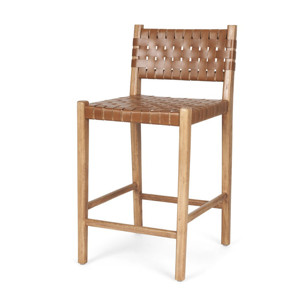 HomeRoots 26" Brown Leather & Natural Solid Wood Low-Back Bar Chair for Stylish Kitchen & Home Entertaining 605946