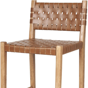 HomeRoots 26" Brown Leather & Natural Solid Wood Low-Back Bar Chair for Stylish Kitchen & Home Entertaining 605946