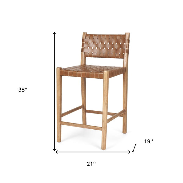 HomeRoots 26" Brown Leather & Natural Solid Wood Low-Back Bar Chair for Stylish Kitchen & Home Entertaining 605946