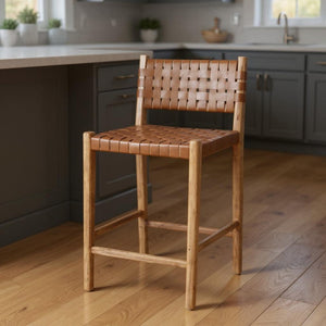 HomeRoots 26" Brown Leather & Natural Solid Wood Low-Back Bar Chair for Stylish Kitchen & Home Entertaining 605946