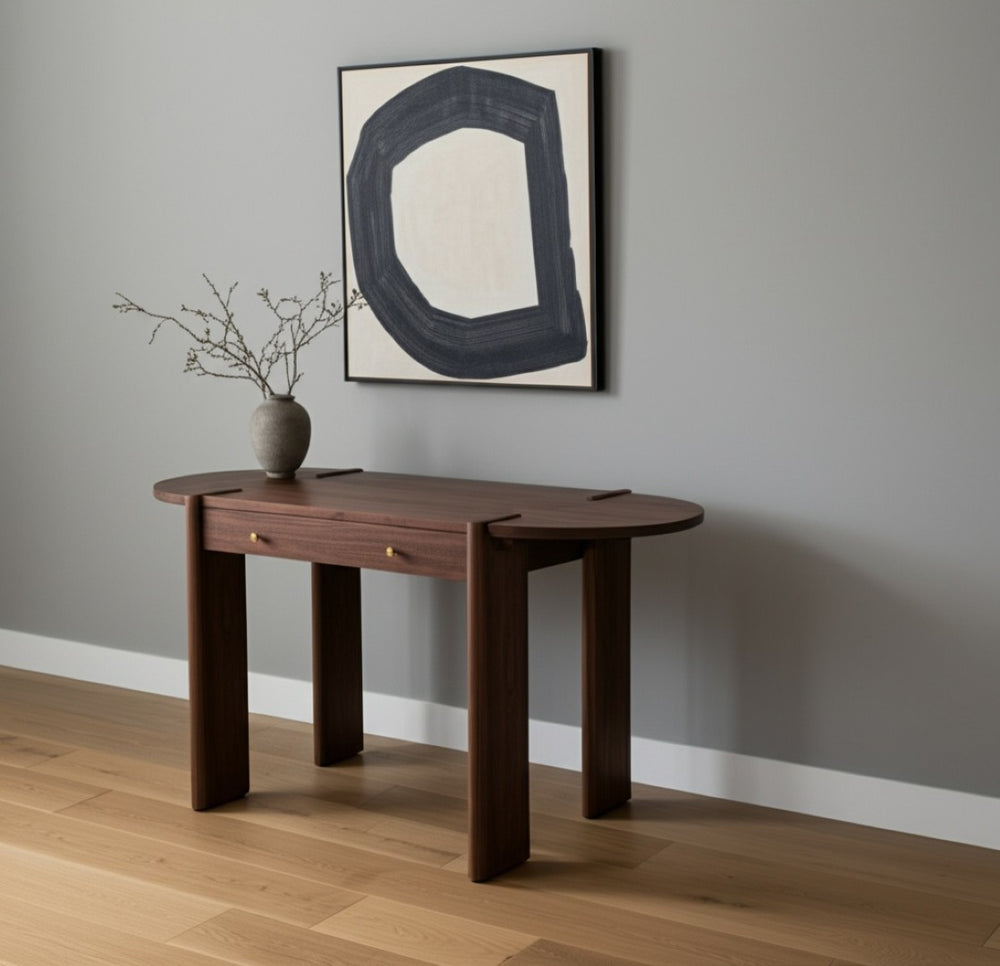 HomeRoots 59" Dark Brown Solid Wood Oval Writing Desk - Elegant Compact Workspace with Ample Storage & Style 605953