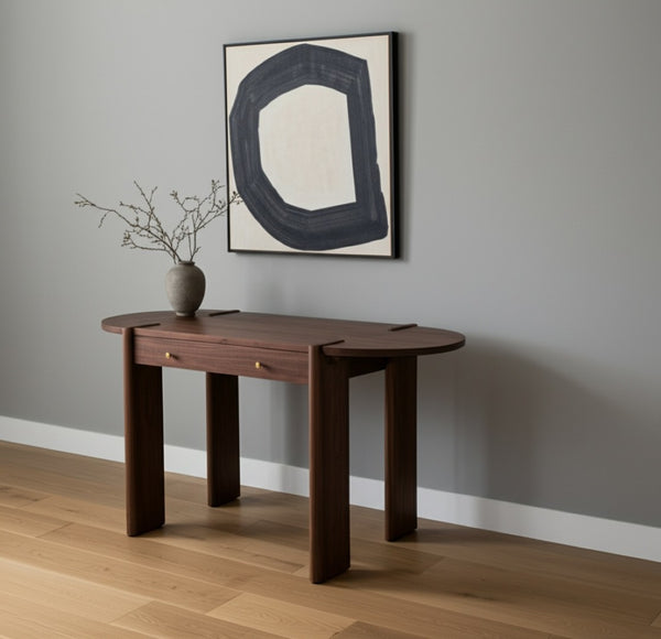 HomeRoots 59" Dark Brown Solid Wood Oval Writing Desk - Elegant Compact Workspace with Ample Storage & Style 605953