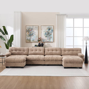 English Elm U Shaped Modular Cloud Sectional with Plush Flannelette Upholstery Deep Seat Living Room Sofa Light Brown W2120S00050