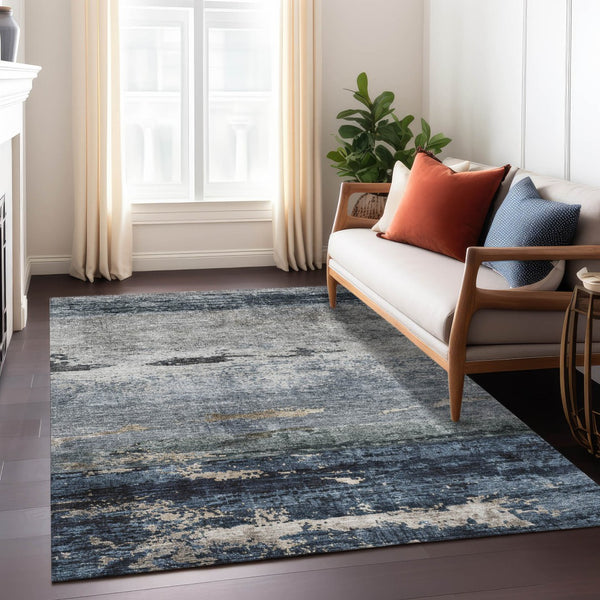 Homeroots 3' Stylish Navy Blue Gray And Black Abstract Washable Indoor Outdoor Area Rug For Any Space 3' X 5' Polyester 605961