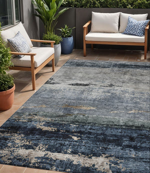 Homeroots 3' Stylish Navy Blue Gray And Black Abstract Washable Indoor Outdoor Area Rug For Any Space 5' X 8' Polyester 605962