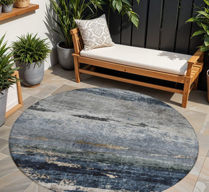 Homeroots 3' Stylish Navy Blue Gray And Black Abstract Washable Indoor Outdoor Area Rug For Any Space 8' Round Polyester 605963