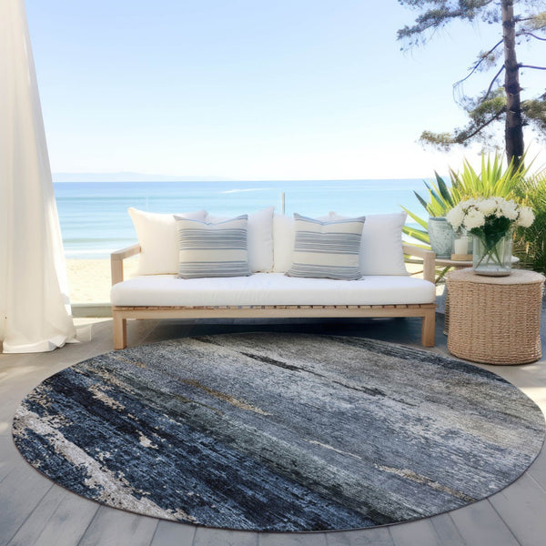 Homeroots 3' Stylish Navy Blue Gray And Black Abstract Washable Indoor Outdoor Area Rug For Any Space 8' Round Polyester 605963