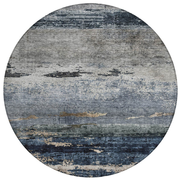 HomeRoots 5' Navy Blue Gray Black Abstract Rug – Durable, Washable, Indoor Outdoor Area for Modern Living Spaces 8' Round 605963