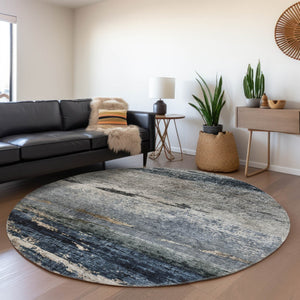 Homeroots 3' Stylish Navy Blue Gray And Black Abstract Washable Indoor Outdoor Area Rug For Any Space 8' Round Polyester 605963