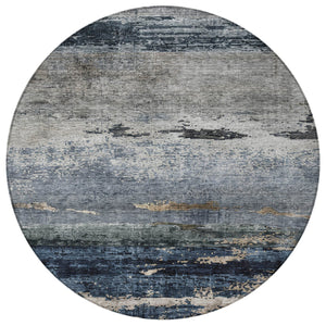Homeroots 3' Stylish Navy Blue Gray And Black Abstract Washable Indoor Outdoor Area Rug For Any Space 8' Round Polyester 605963