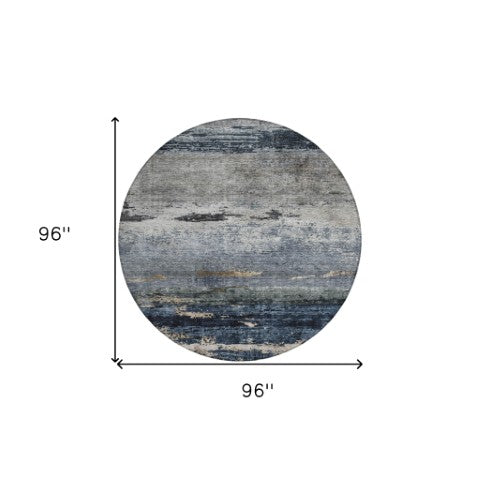 Homeroots 3' Stylish Navy Blue Gray And Black Abstract Washable Indoor Outdoor Area Rug For Any Space 8' Round Polyester 605963