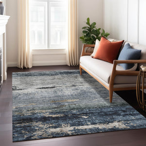 Homeroots 3' Stylish Navy Blue Gray And Black Abstract Washable Indoor Outdoor Area Rug For Any Space 8' X 10' Polyester 605964