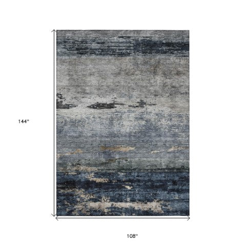Homeroots 3' Stylish Navy Blue Gray And Black Abstract Washable Indoor Outdoor Area Rug For Any Space 9' X 12' Polyester 605965
