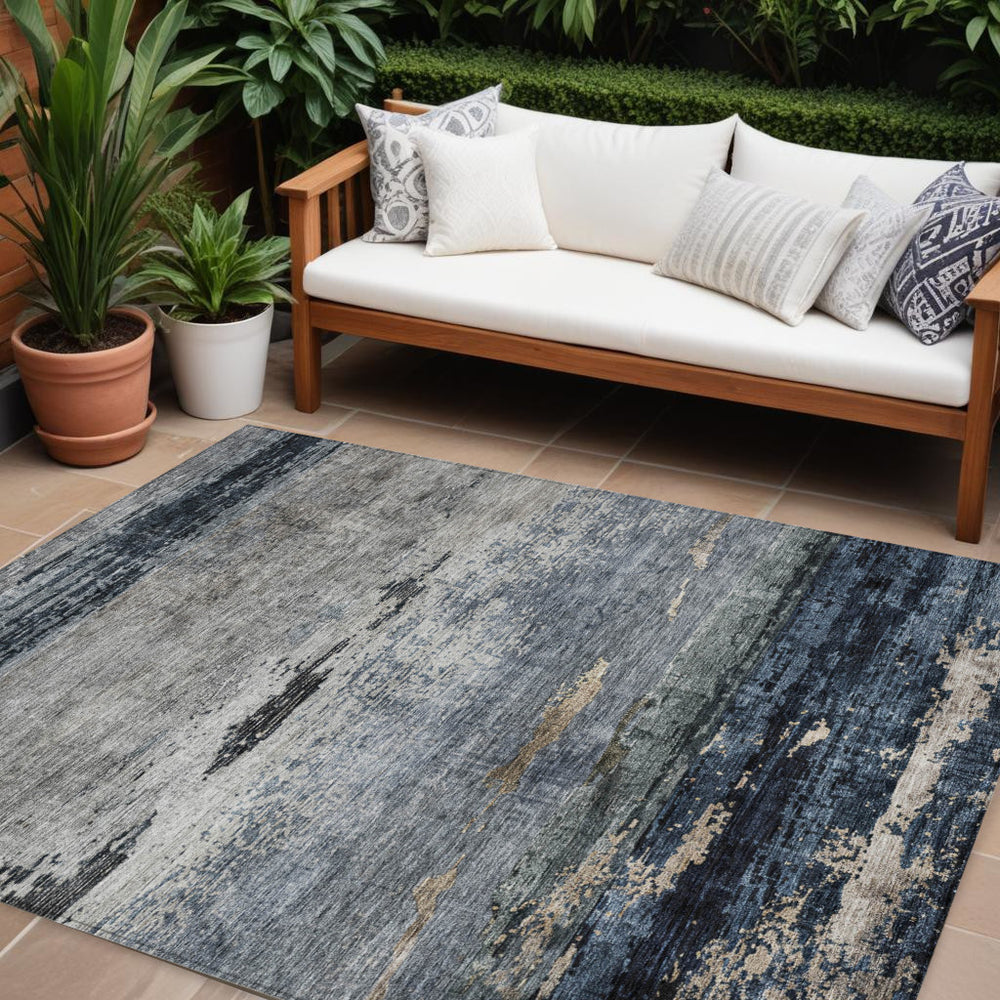Homeroots 3' Stylish Navy Blue Gray And Black Abstract Washable Indoor Outdoor Area Rug For Any Space 10' X 14' Polyester 605966