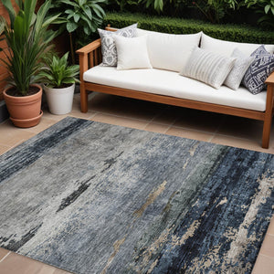 Homeroots 3' Stylish Navy Blue Gray And Black Abstract Washable Indoor Outdoor Area Rug For Any Space 10' X 14' Polyester 605966