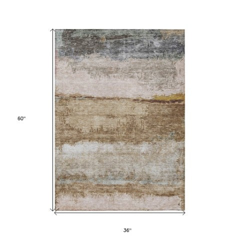 Homeroots 3' Stylish Beige Brown And Gray Abstract Washable Area Rug For Indoor And Outdoor Use, Durable Design 3' X 5' Polyester 605973