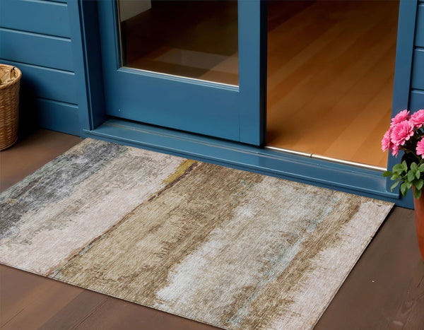 Homeroots 3' Stylish Beige Brown And Gray Abstract Washable Area Rug For Indoor And Outdoor Use, Durable Design 3' X 5' Polyester 605973