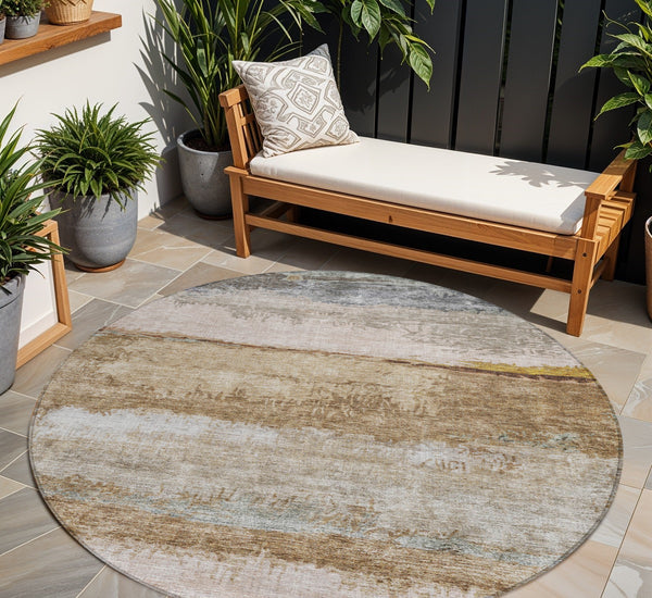 Homeroots 3' Stylish Beige Brown And Gray Abstract Washable Area Rug For Indoor And Outdoor Use, Durable Design 8' Round Polyester 605975