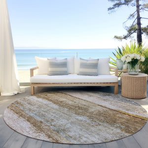 Homeroots 3' Stylish Beige Brown And Gray Abstract Washable Area Rug For Indoor And Outdoor Use, Durable Design 8' Round Polyester 605975