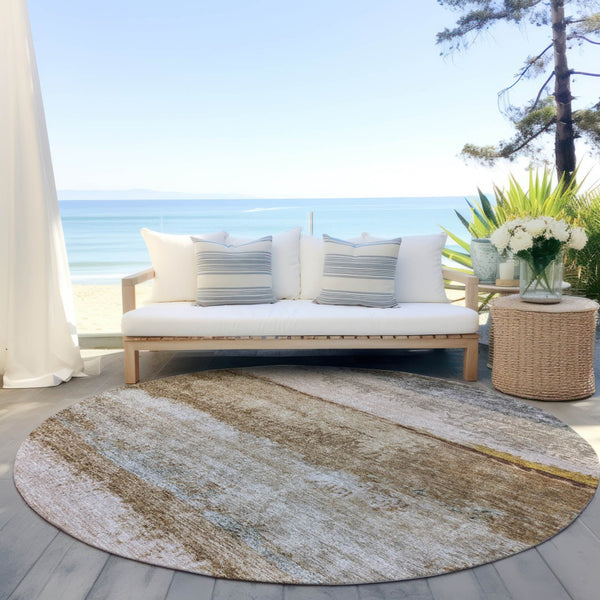 Homeroots 3' Stylish Beige Brown And Gray Abstract Washable Area Rug For Indoor And Outdoor Use, Durable Design 8' Round Polyester 605975