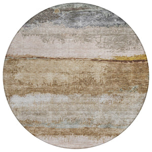 HomeRoots 5' Modern Abstract Washable Area Rug in Beige, Brown & Gray for Indoor/Outdoor Versatile Style 8' Round 605975