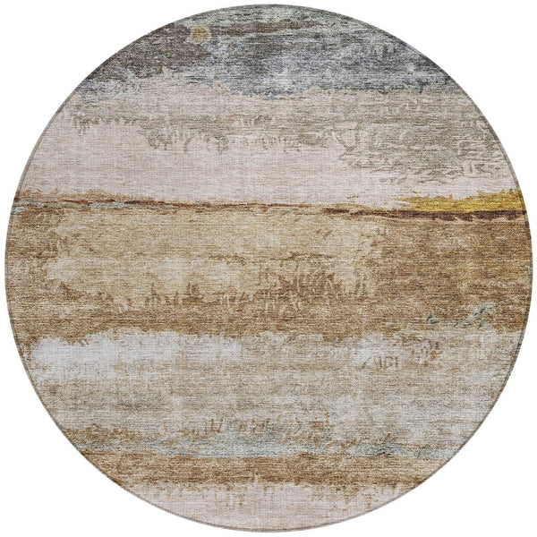 Homeroots 3' Stylish Beige Brown And Gray Abstract Washable Area Rug For Indoor And Outdoor Use, Durable Design 8' Round Polyester 605975