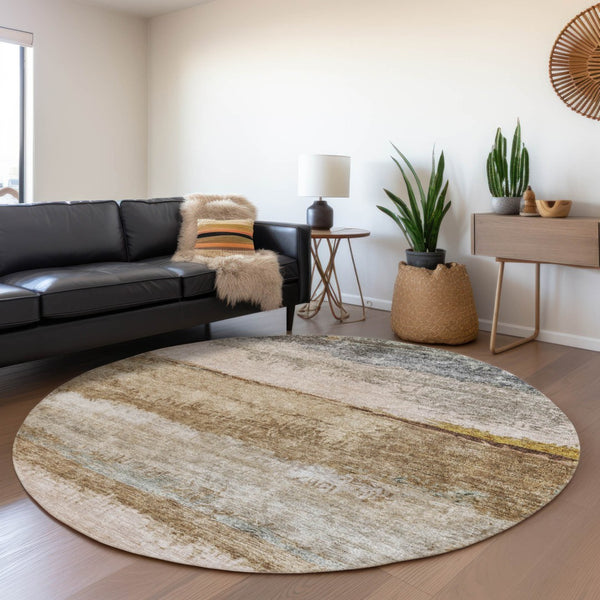 Homeroots 3' Stylish Beige Brown And Gray Abstract Washable Area Rug For Indoor And Outdoor Use, Durable Design 8' Round Polyester 605975