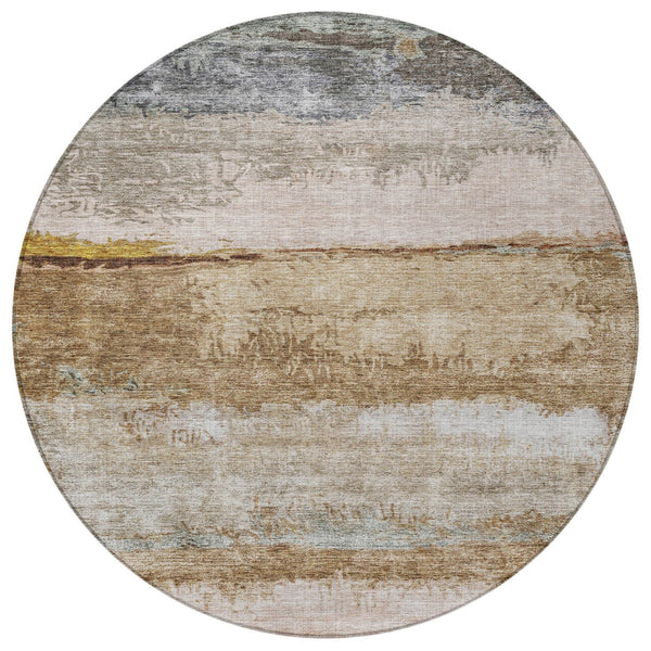 Homeroots 3' Stylish Beige Brown And Gray Abstract Washable Area Rug For Indoor And Outdoor Use, Durable Design 8' Round Polyester 605975