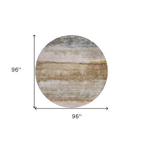 Homeroots 3' Stylish Beige Brown And Gray Abstract Washable Area Rug For Indoor And Outdoor Use, Durable Design 8' Round Polyester 605975
