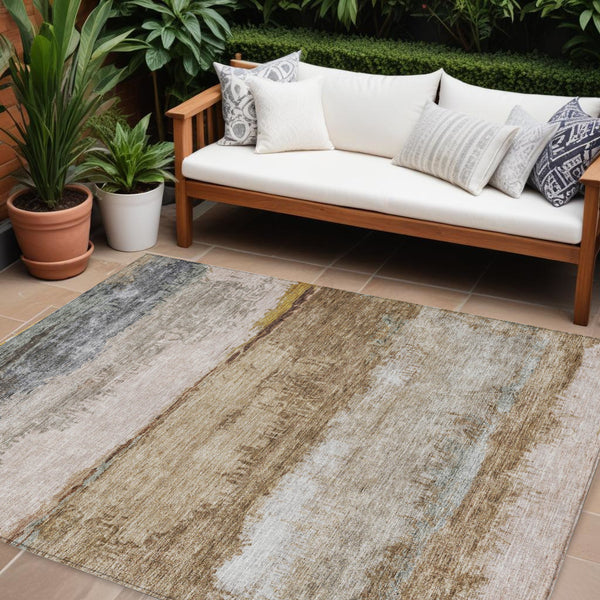 Homeroots 3' Stylish Beige Brown And Gray Abstract Washable Area Rug For Indoor And Outdoor Use, Durable Design 8' X 10' Polyester 605976