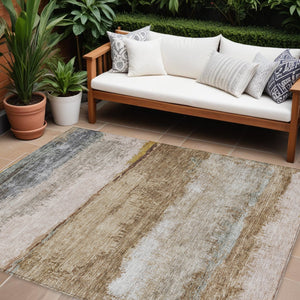 Homeroots 3' Stylish Beige Brown And Gray Abstract Washable Area Rug For Indoor And Outdoor Use, Durable Design 10' X 14' Polyester 605978