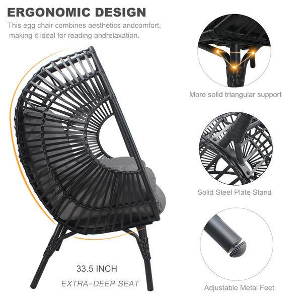 English Elm New PE Wicker Egg Chair with Ergonomic High-Front Low-Back Design, Weather-Resistant Rattan & Plush Cushion Comfort Black+ Gray W400P241060