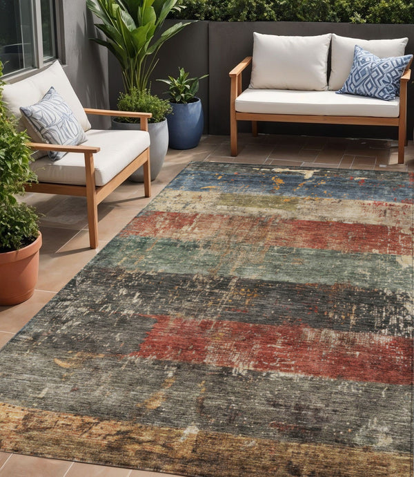 Homeroots 3' Striped Fern Green And Terra Cotta Washable Area Rug Perfect For Indoor & Outdoor Spaces 5' X 8' Polyester 605980