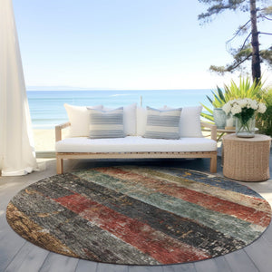 Homeroots 3' Striped Fern Green And Terra Cotta Washable Area Rug Perfect For Indoor & Outdoor Spaces 8' Round Polyester 605981