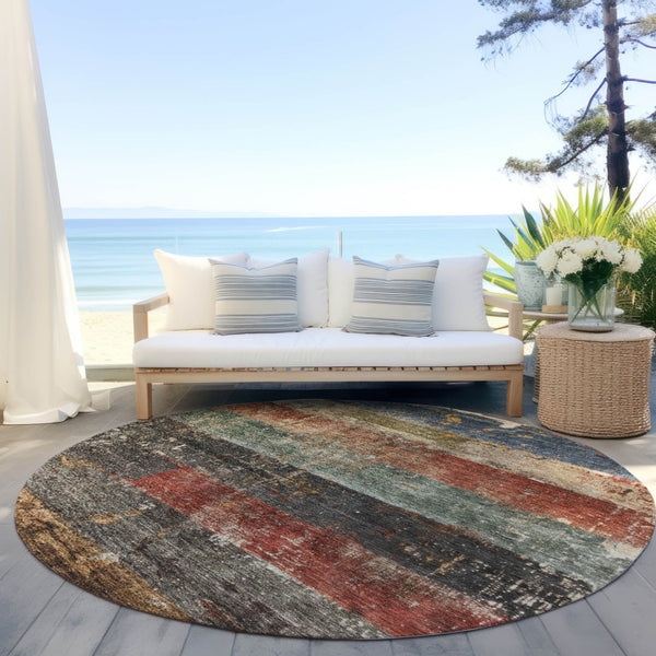 Homeroots 3' Striped Fern Green And Terra Cotta Washable Area Rug Perfect For Indoor & Outdoor Spaces 8' Round Polyester 605981