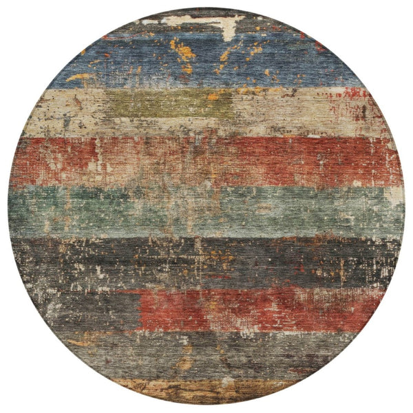 HomeRoots 5' Stylish Fern Green, Black & Terra Cotta Striped Washable Area Rug for Indoor & Outdoor Use 8' Round 605981