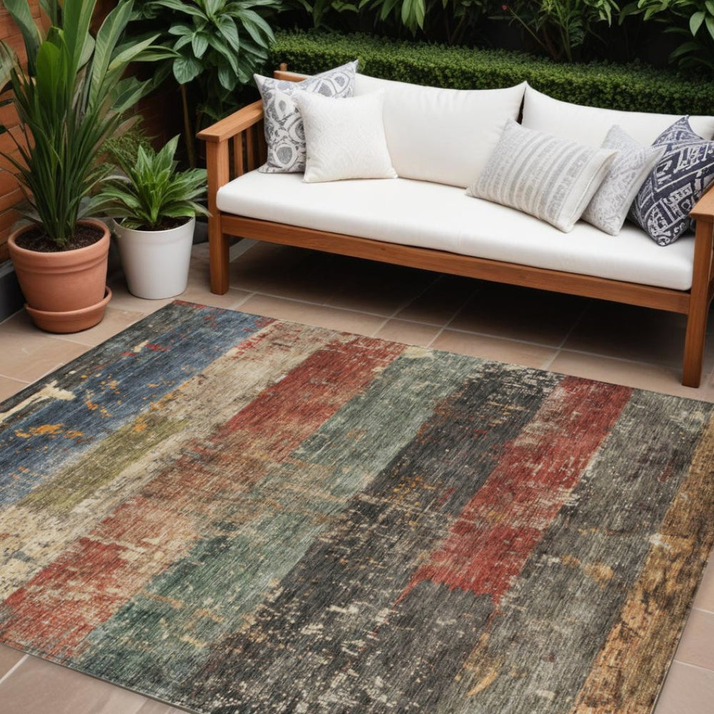 HomeRoots 5' Stylish Fern Green, Black & Terra Cotta Striped Washable Area Rug for Indoor & Outdoor Use 8' X 10' 605982