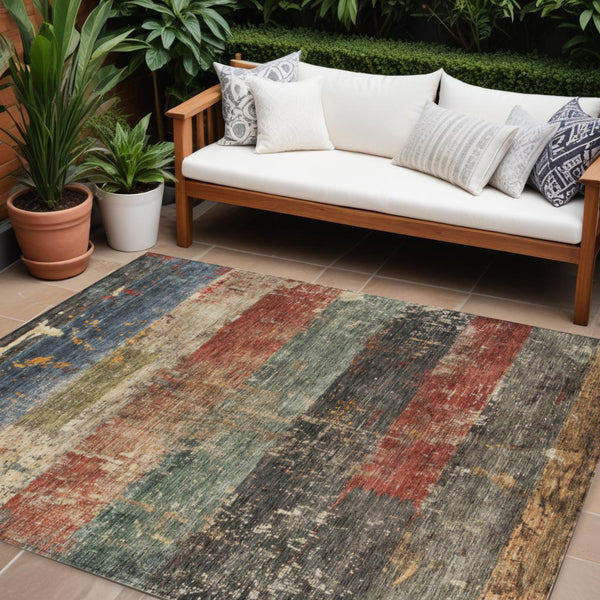Homeroots 3' Striped Fern Green And Terra Cotta Washable Area Rug Perfect For Indoor & Outdoor Spaces 9' X 12' Polyester 605983