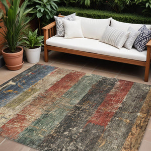 Homeroots 3' Striped Fern Green And Terra Cotta Washable Area Rug Perfect For Indoor & Outdoor Spaces 10' X 14' Polyester 605984