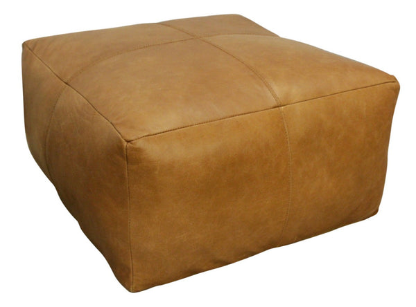 HomeRoots 22" Tan Genuine Leather Pouf Ottoman - Stylish Mid-Century Design for Versatile Living Room Use 605989