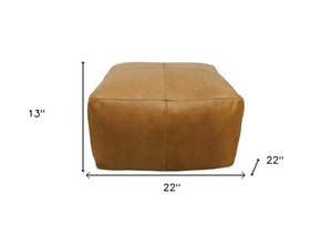 Homeroots 22" Tan Genuine Leather Pouf Ottoman - Chic Multi-functional Foot Rest & Extra Seat For Stylish Spaces   605989