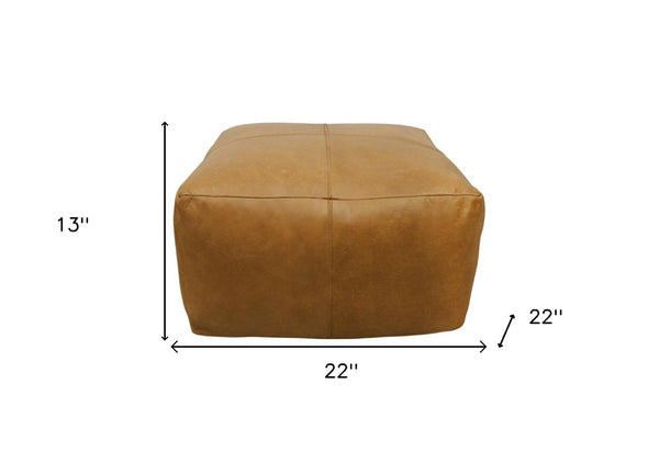 Homeroots 22" Tan Genuine Leather Pouf Ottoman - Chic Multi-functional Foot Rest & Extra Seat For Stylish Spaces   605989