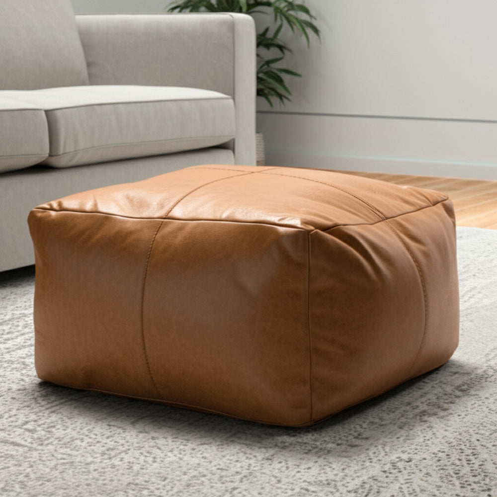 Homeroots 22" Tan Genuine Leather Pouf Ottoman - Chic Multi-functional Foot Rest & Extra Seat For Stylish Spaces   605989
