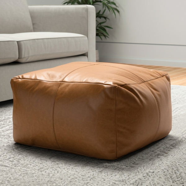 Homeroots 22" Tan Genuine Leather Pouf Ottoman - Chic Multi-functional Foot Rest & Extra Seat For Stylish Spaces   605989