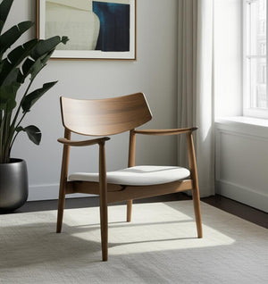 HomeRoots 27" Mid-Century Modern Brown & Cream Upholstered Arm Chair – Cozy Solid Oak Accent Chair for Home 605992