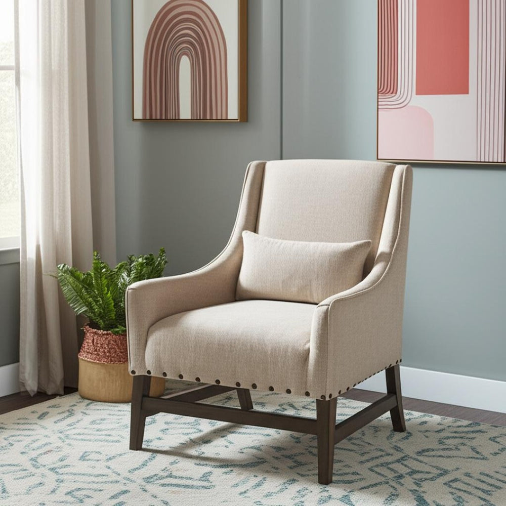 HomeRoots 30" Cream Linen Arm Chair with Solid Wood Frame - Stylish, Comfortable Accent for Any Room Decor 605998