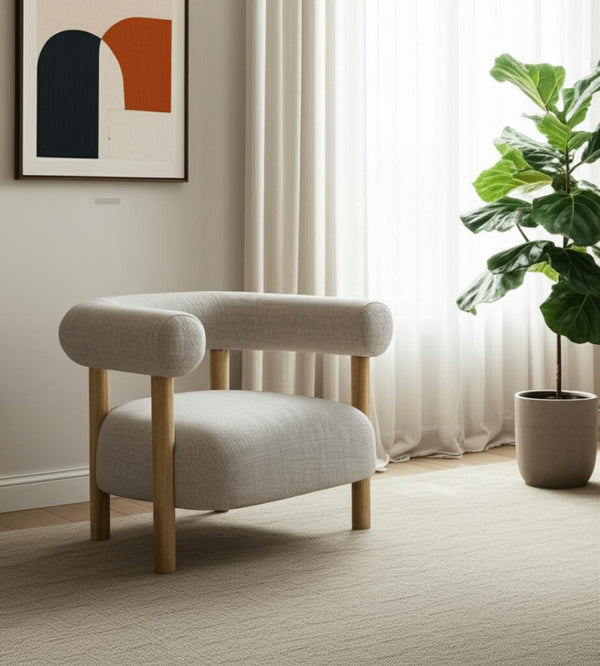 HomeRoots 31" Cream Linen Barrel Chair with Solid Wood Frame – Modern Comfort for Living Rooms & Offices 605999